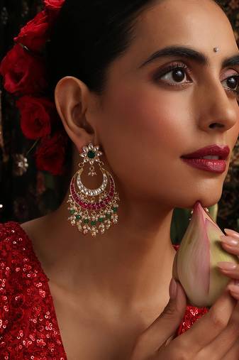Gold plated kundan multicolor stones chandbali earrings