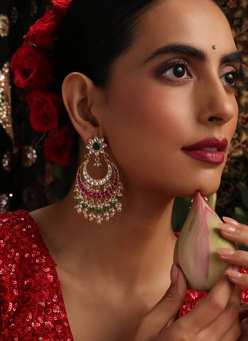Gold plated kundan multicolor stones chandbali earrings