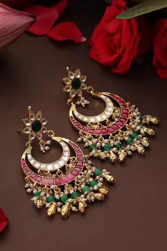 Gold plated kundan multicolor stones chandbali earrings