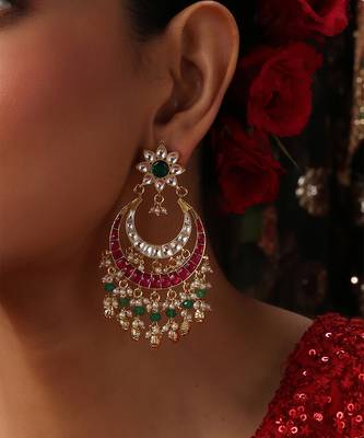 Gold plated kundan multicolor stones chandbali earrings 3