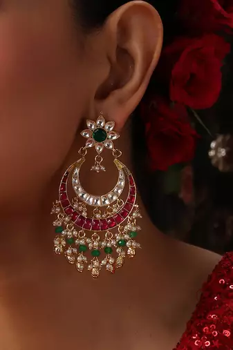 Gold plated kundan multicolor stones chandbali earrings