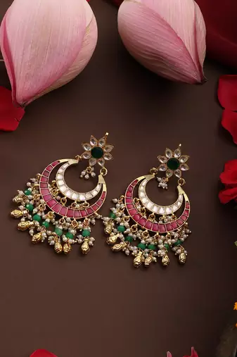 Gold plated kundan multicolor stones chandbali earrings