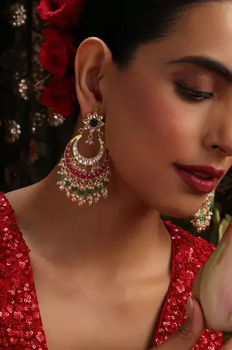 Gold plated kundan multicolor stones chandbali earrings