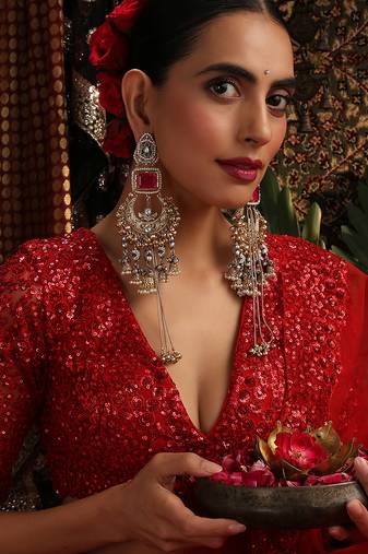 TwoTone plated kundan red stones dangler earrings