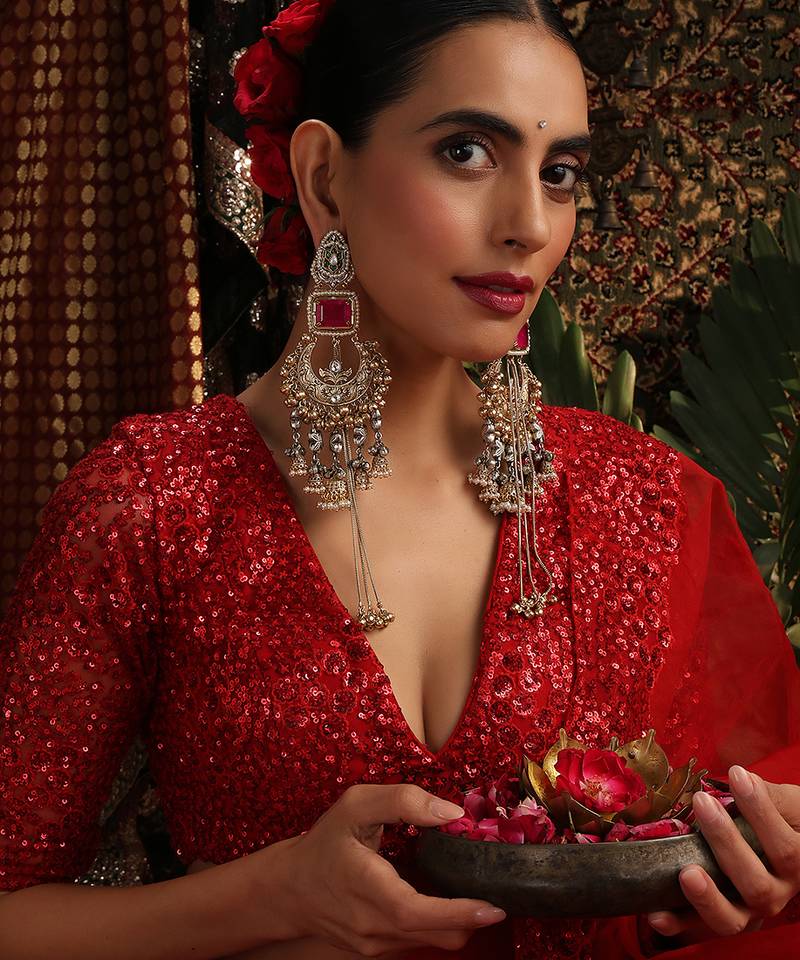 TwoTone plated kundan red stones dangler earrings