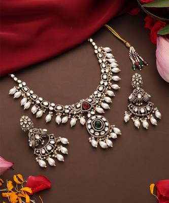 Gold plated kundan pearl necklace set 2