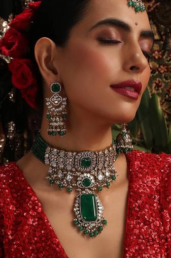 Gold plated kundan green stones choker necklace set