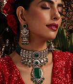 Gold plated kundan green stones choker necklace set