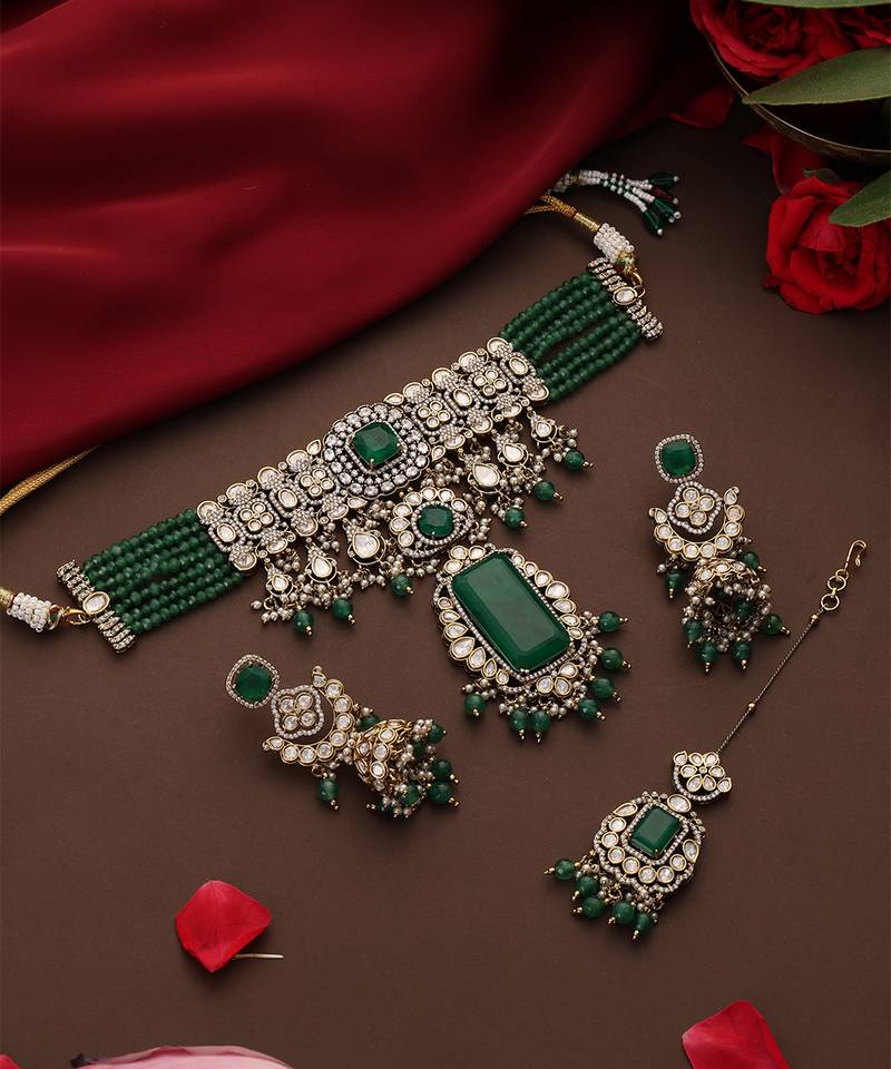 Gold plated kundan green stones choker necklace set