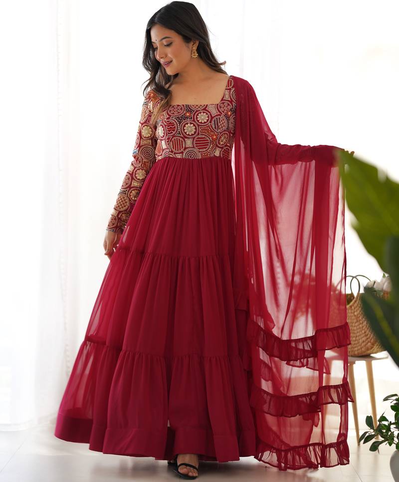 Red Silk Sequin Anarkali with dupatta