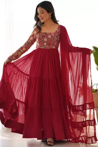 Red Silk Sequin Anarkali with dupatta