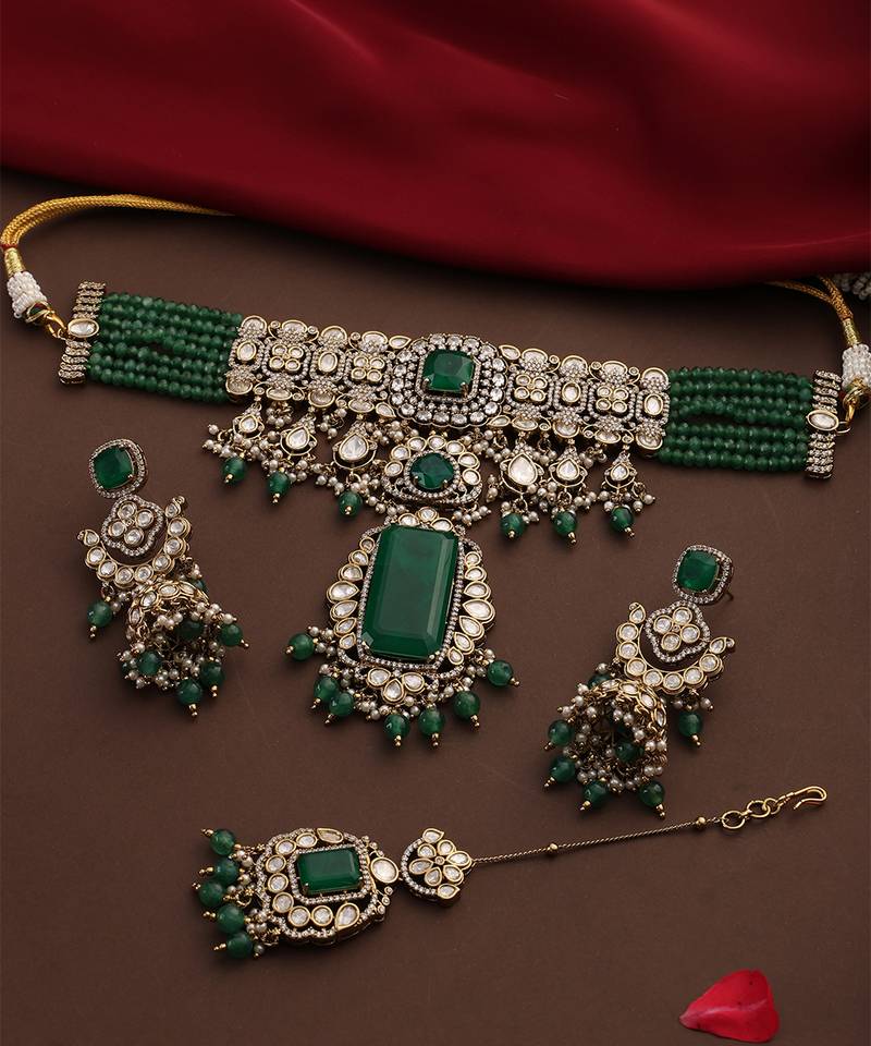 Gold plated kundan green stones choker necklace set