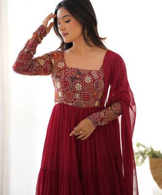 Red Silk Sequin Anarkali with dupatta 3