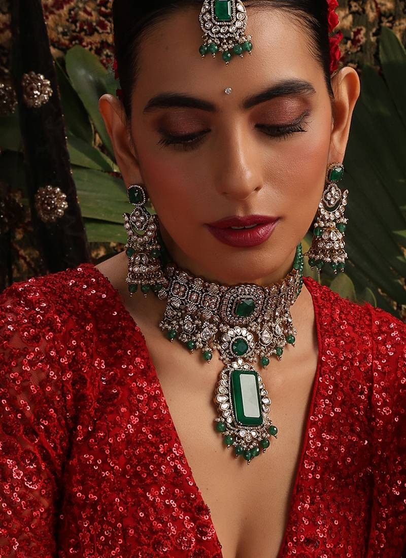 Gold plated kundan green stones choker necklace set