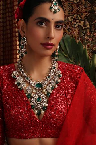 Gold plated kundan green stones necklace set