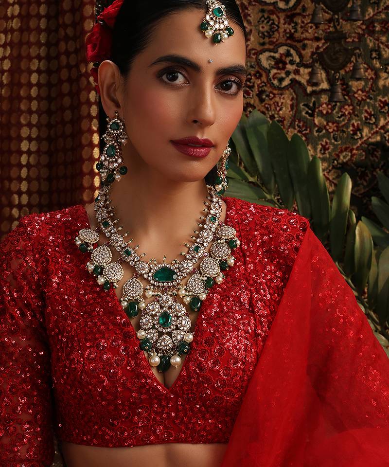 Gold plated kundan green stones necklace set