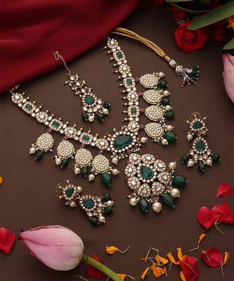 Gold plated kundan green stones necklace set 2