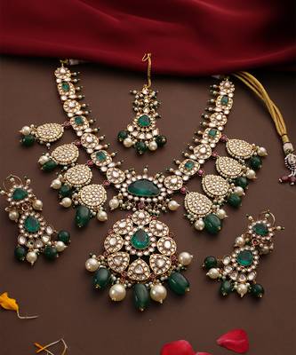 Gold plated kundan green stones necklace set 3