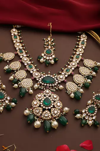 Gold plated kundan green stones necklace set