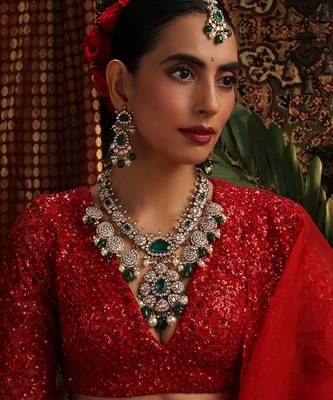 Gold plated kundan green stones necklace set 4