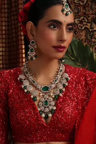 Gold plated kundan green stones necklace set