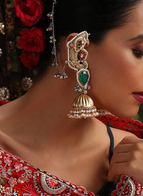 Gold plated kundan green stones jhumkas with ear chain 1