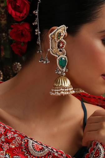 Gold plated kundan green stones jhumkas with ear chain