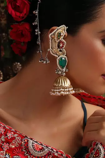 Gold plated kundan green stones jhumkas with ear chain