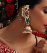 Gold plated kundan green stones jhumkas with ear chain