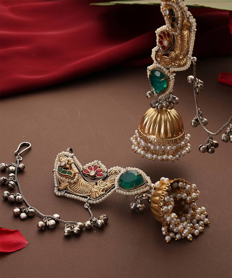 Gold plated kundan green stones jhumkas with ear chain