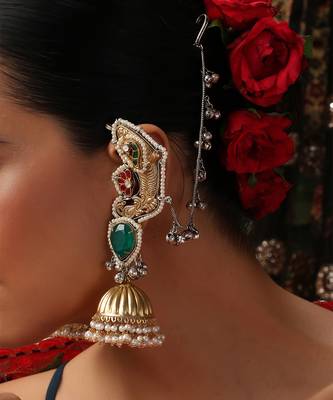 Gold plated kundan green stones jhumkas with ear chain 3