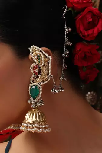 Gold plated kundan green stones jhumkas with ear chain