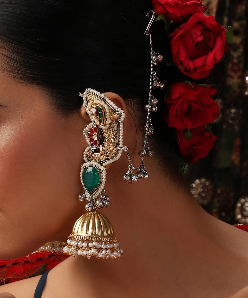 Gold plated kundan green stones jhumkas with ear chain