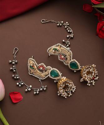 Gold plated kundan green stones jhumkas with ear chain 4