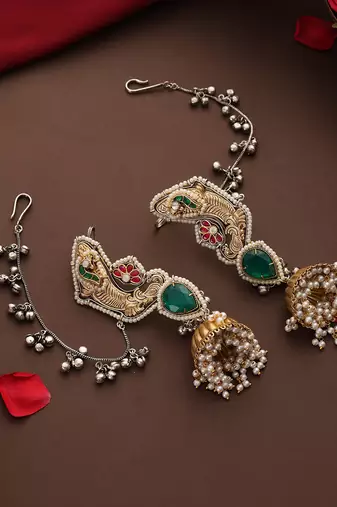 Gold plated kundan green stones jhumkas with ear chain