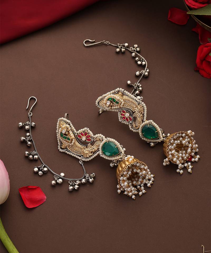 Gold plated kundan green stones jhumkas with ear chain