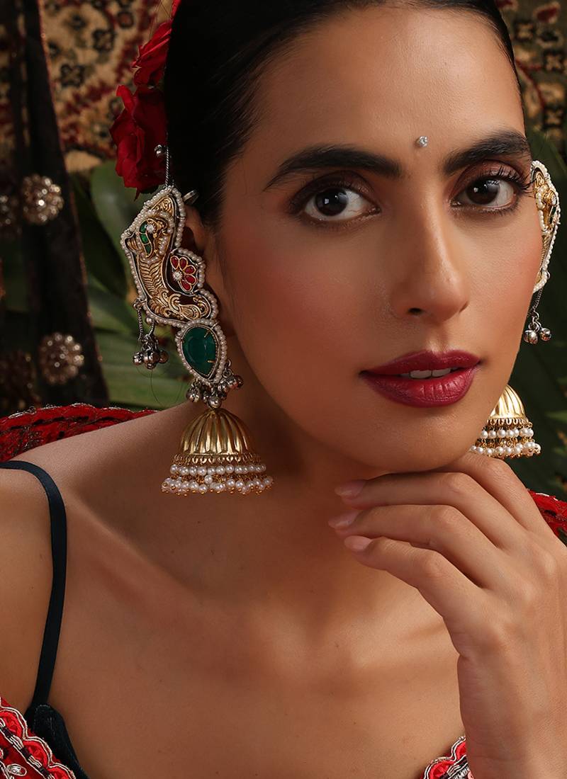 Gold plated kundan green stones jhumkas with ear chain