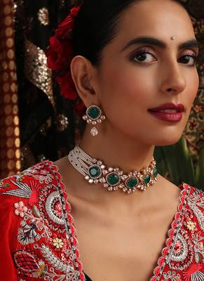 Gold plated kundan green stones choker necklace set 1