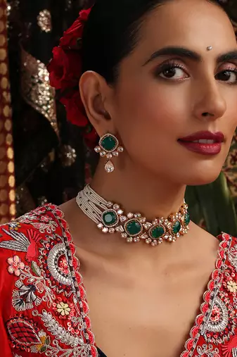 Gold plated kundan green stones choker necklace set