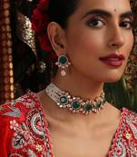 Gold plated kundan green stones choker necklace set
