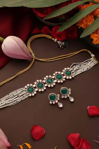 Gold plated kundan green stones choker necklace set