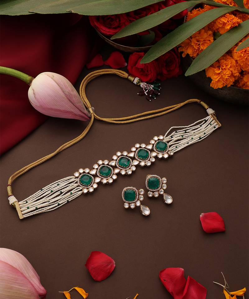 Gold plated kundan green stones choker necklace set