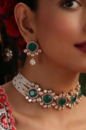 Gold plated kundan green stones choker necklace set