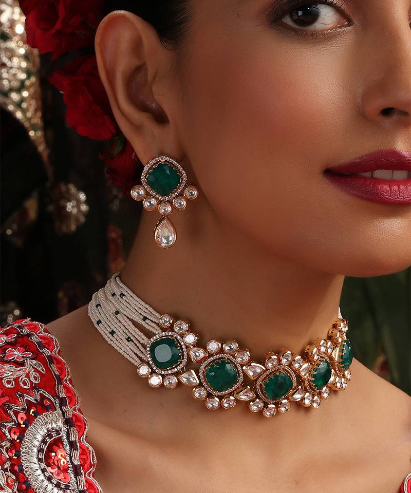 Gold plated kundan green stones choker necklace set