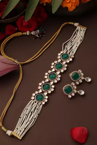 Gold plated kundan green stones choker necklace set