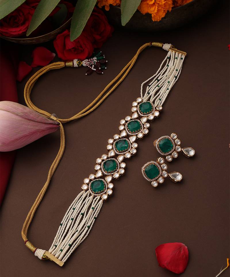 Gold plated kundan green stones choker necklace set