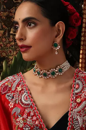 Gold plated kundan green stones choker necklace set