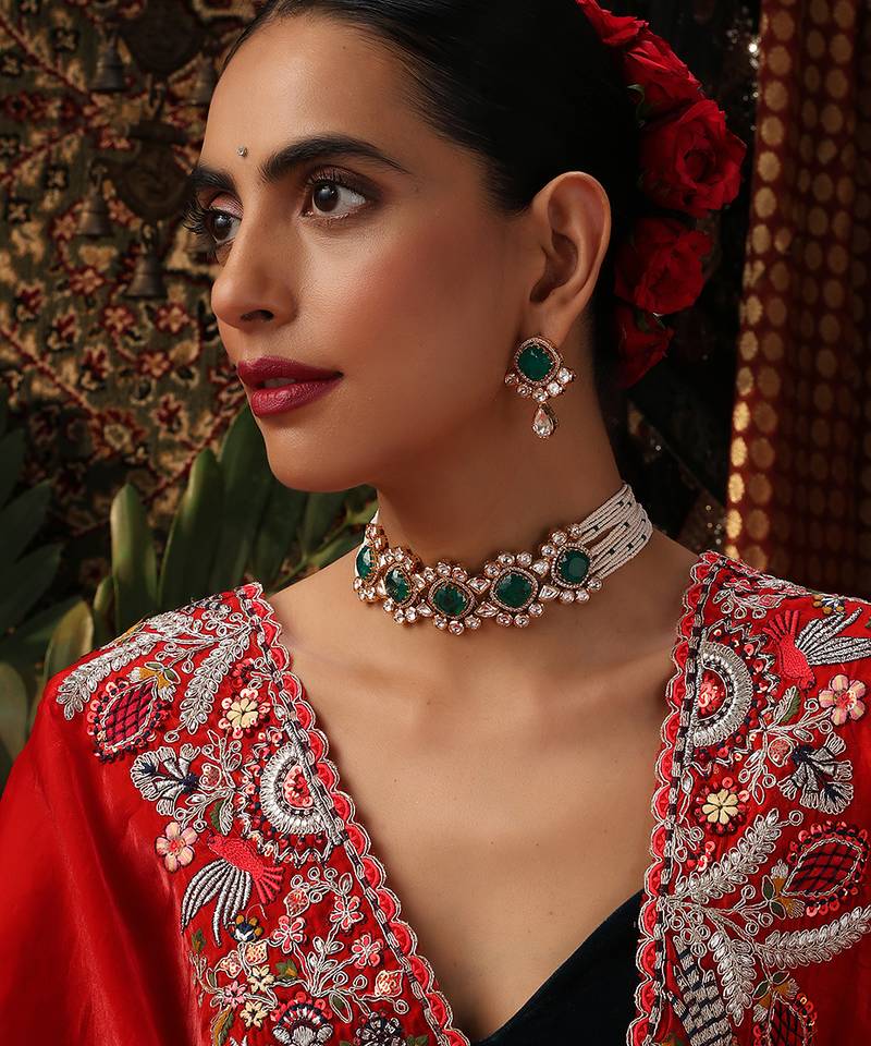 Gold plated kundan green stones choker necklace set