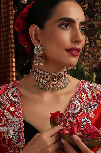 Gold plated kundan multicolor stones choker necklace set