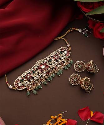 Gold plated kundan multicolor stones choker necklace set 2